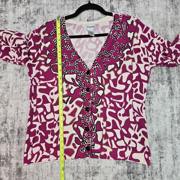 Chicos Cardigan Sweater Womens Size 1 Pink White Sequin Beaded Silk Blend V Neck - Picture 8 of 11